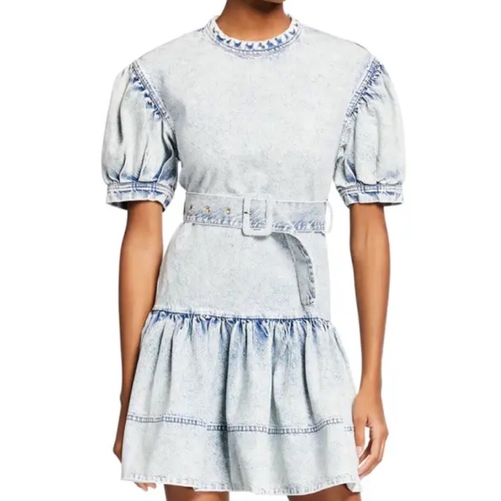 Tanya Taylor Denim Dress Mini 6 Blue Acid Wash Puff Sleeve Retro Chic Designer